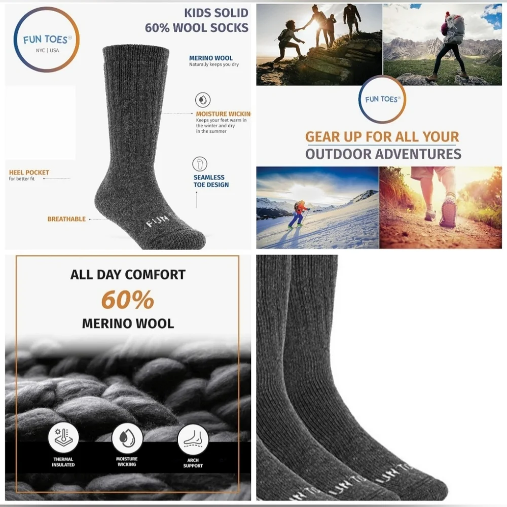 Nwt 3 Pair Merino Wool Fun Toes Kids Socks Cushioned Skiing Winter Snow Hiking